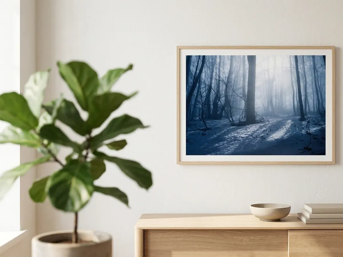 Oprawiony plakat z ośnieżonym lasem powieszony nad komodą