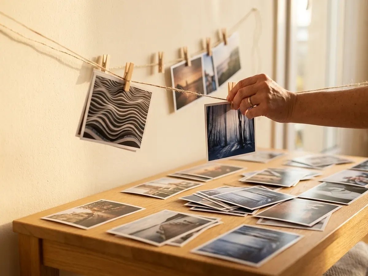 Odbitki fotograficzne zawieszone na sznurku drewnianymi klamerkami