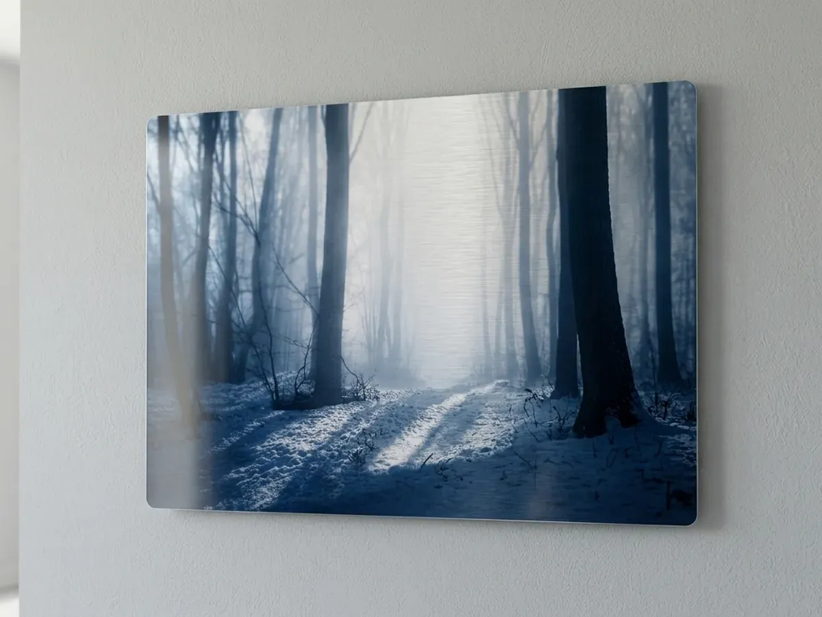 Wydruk fotograficzny na szczotkowanym aluminium zawieszony na ścianie