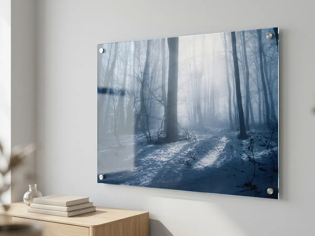 Wydruk fotograficzny pod pleksi zamocowany na ścianie na dystansach